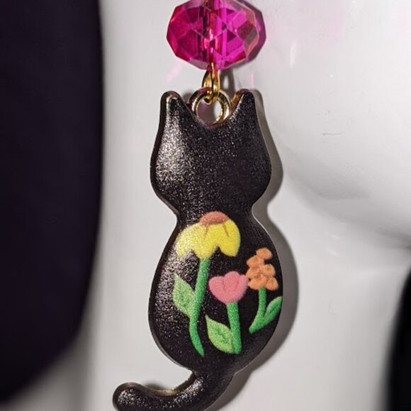 Black Floral Cat Earrings - Picture 2 of 8